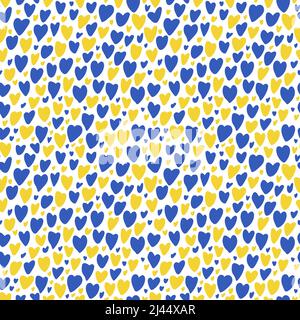 Seamless pattern witn yellow and blue hearts. Stop War in Ukraine concept vector illustration. Heart, love for Ukraine, Ukrainian flag and map illustration. Save Ukraine from Russia. Stock Vector