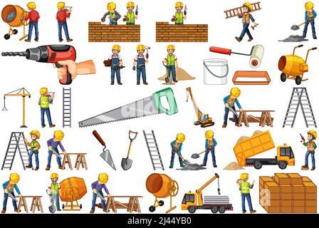 Set of construction site objects and workers illustration Stock Vector