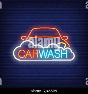 Carwash neon text, automobile and foam. Neon sign, night bright advertisement, colorful signboard, light banner. Vector illustration in neon style. Stock Vector
