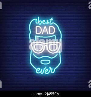 Best Dad Ever neon style icon. Male face and lettering on brick background. Congratulation, greeting card, emblem. Fathers Day concept. For topics lik Stock Vector