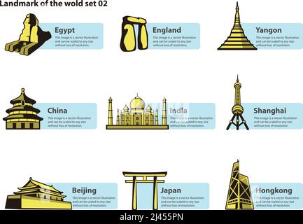 landmarks of the world, label of famous place, vector Stock Vector