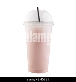 Plastic cup of milkshake with strawberries isolated on white Stock Photo by  ©belchonock 76818941