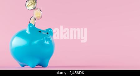 Business and finance concept. Euro coins falls into piggy bank. Euro cash money. Investment or saving concept. 3D rendering. Stock Photo