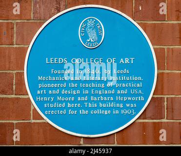 Leeds College of Art blue plaque. Leeds West Yorkshire. UK Stock Photo