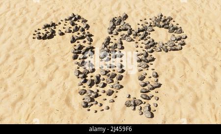 Concept conceptual stones on beach sand handmade symbol shape, golden sandy background, capricorn zodiac sign. 3d illustration symbol for  esoteric, t Stock Photo