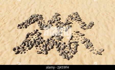 Concept conceptual stones on beach sand handmade symbol shape, golden sandy background, aquarius zodiac sign. 3d illustration symbol for  esoteric, th Stock Photo