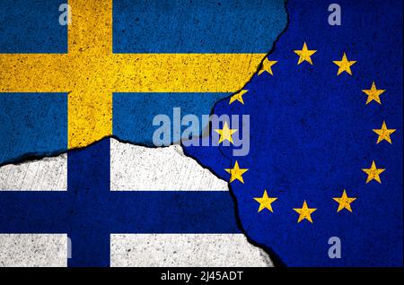 Sweden and Finland with Europe Union. Defence and military conflict with Russia. Flags painted on concrete wall with crack, website background Stock Photo