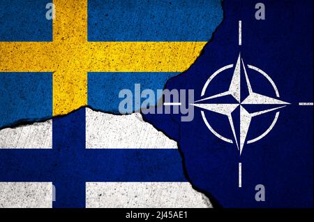 Sweden and Finland with NATO. Defence and military conflict with Russia. Flags painted on concrete wall with crack, website background Stock Photo