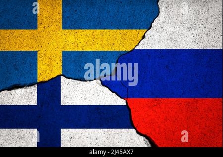 Sweden and Finland with Russia. Defence and military conflict with Russia. Flags painted on concrete wall with crack, website background Stock Photo