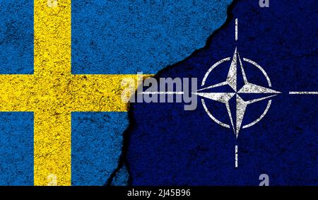 Sweden and NATO. Military conflict with Russia. Flags painted on concrete, website background Stock Photo