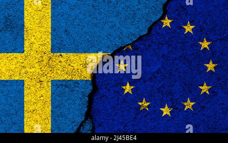 Sweden and Europe union. Military conflict with Russia. Flags painted on concrete, website background Stock Photo
