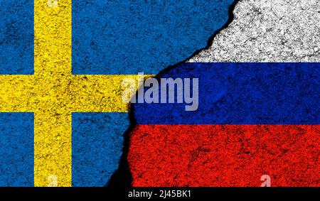 Sweden and Russia. Military conflict and war concept. Flags painted on concrete, website background Stock Photo