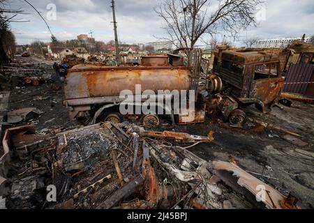 BUCHA, UKRAINE - 04 April 2022 - The remains of a Russian Army armoured column in Bucha, Ukraine on 09 April 2022 after they were attacked by Ukranian Stock Photo