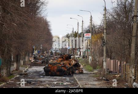 BUCHA, UKRAINE - 04 April 2022 - The remains of a Russian Army armoured column in Bucha, Ukraine on 09 April 2022 after they were attacked by Ukranian Stock Photo