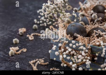 Easter composition with dark colored eggs in a wooden box. Willow branch. The minimal concept of Easter. An Easter card with a place for the text. Stock Photo