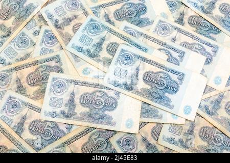 Old 1961 Soviet Russia era 5 Rouble (also Ruble) figuring the Kremlin. For Russian USSR economy, old Russian money or banknotes. Stock Photo