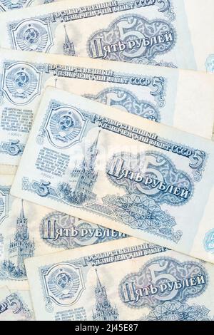 Old 1961 Soviet Russia era 5 Rouble (also Ruble) figuring the Kremlin. For Russian USSR economy, old Russian money or banknotes. Stock Photo