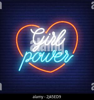Girl power neon text in heart outline. Neon sign, night bright advertisement, colorful signboard, light banner. Feminism concept. Vector illustration Stock Vector