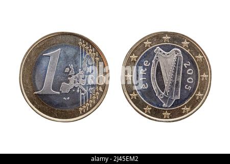 One Euro coin of Ireland (Eire) dated 2005 which shows the Irish Celtic harp on the reverse cut out and isolated on a white background Stock Photo