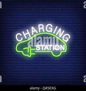 Charging station neon sign. Green plug and cord in shape of car on brick wall. Night bright advertisement. Vector illustration in neon style for batte Stock Vector