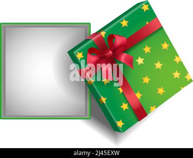 Realistic vector illustration of empty open green gift box with stars and red ribbon. Present, prize, sale. Surprise concept. For topics like holiday, Stock Vector