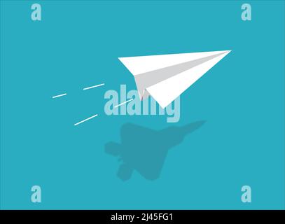 Paper airplane with shadow of fighter plane Stock Vector
