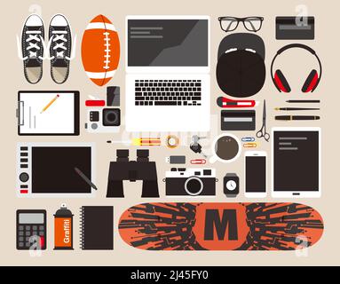 desk with computer and other things flat design, vector illustration Stock Vector