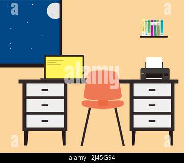 night office place, computer on the desk, flat design, vector illustration Stock Vector