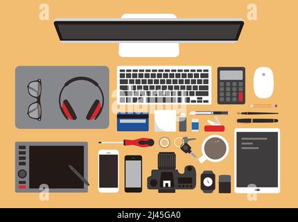 desk with computer and other things, vector illustration Stock Vector