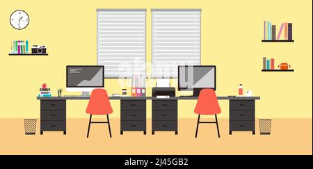 desk with computer and other things, flat design, vector illustration Stock Vector