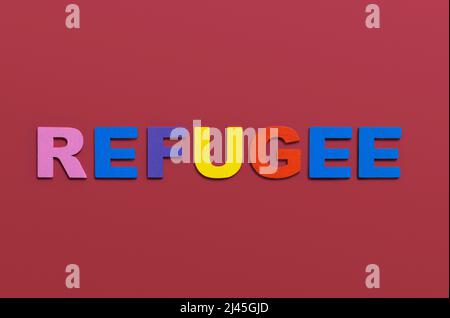 Refugees, word written in colorful wooden alphabet letters on red background. Safe migration for people escaping from war, support and assistance conc Stock Photo