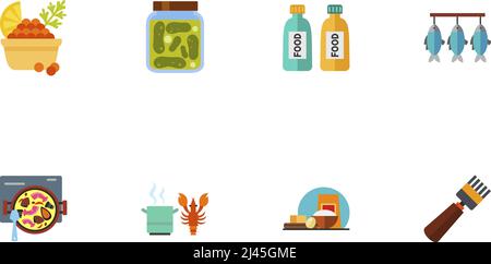 Seafood Icon Set. Red Caviar With Lemon And Dill Pickled Cucumbers Jar Food In Tubes Dried Fish Cooking Spanish Paella Cooking Lobster Cooking Ingredi Stock Vector