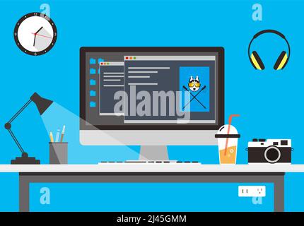 desk with computer and other things  flat design, vector illustration Stock Vector