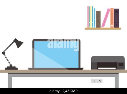 desk with computer and other things, vector illustration Stock Vector