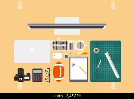 Desk with computer and other things, vector illustration Stock Vector