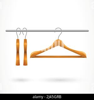 Illustration of three wooden hangers on clothes rail. Theatre, wardrobe, shopping, sale. Clothes concept. Design element for banners, posters, leaflet Stock Vector