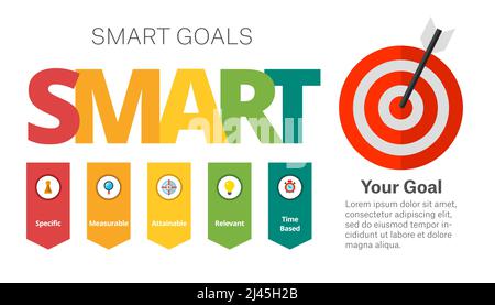 SMART Goals Setting. Option diagram, acronym, template. Creative concept for infographics, presentation, project. Can be used for topics like business Stock Vector