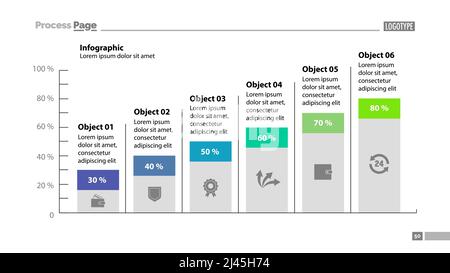 Six columns bar chart slide template. Business data. Percentage, diagram, design. Creative concept for infographic, presentation, report. Can be used Stock Vector