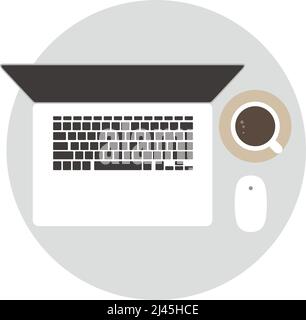 Laptop, coffee and mouse on the desk, top view, vector illustration Stock Vector