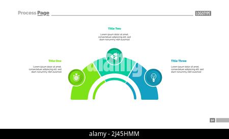 Process chart with three elements. Step diagram, pie chart, layout. Creative concept for infographics, presentation, project, report. Can be used for Stock Vector