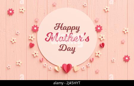 Happy Mother's Day modern banner template with texts, hearts and flowers in paper cut style on a wooden background. Flat lay view of poster or card ba Stock Photo
