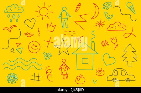 Childish doodle elements with people, car, house. Hand drawn line objects. Scetch of nature, characters. Vector illustration, funny background Stock Vector