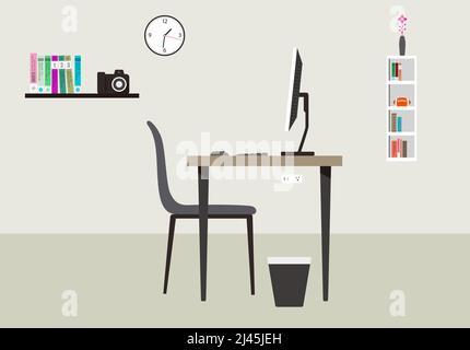 desk with computer and other things, vector illustration Stock Vector