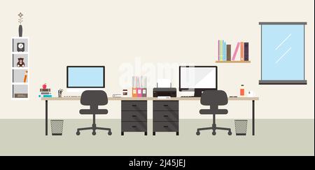 desk with computer and other things, vector illustration Stock Vector