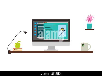Desk with computer and other things, vector illustration Stock Vector