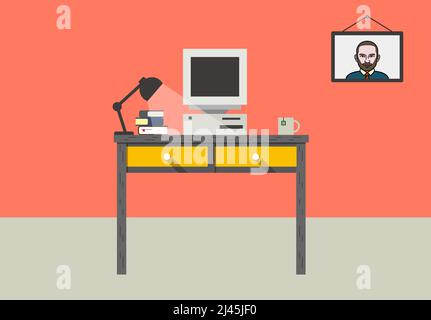 Old working place, desk with old computer and other things, vector illustration Stock Vector