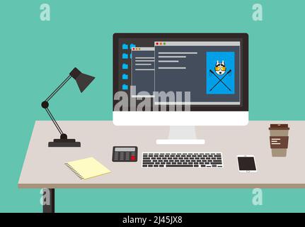 desk with computer and other things, vector illustration Stock Vector