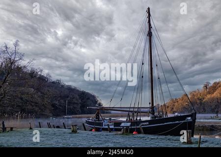 The National Historic Ships Registered LYNHER moored at Cotehele Quay for her annual refit within the LHYNER restoration project Stock Photo