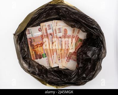 a package with bundles of money of Russian rubles with a face value of five thousand rubles Stock Photo