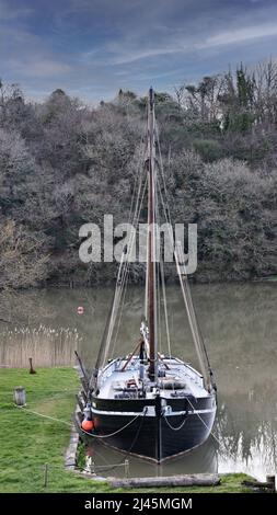 The National Historic Ships Registered LYNHER moored at Cotehele Quay for her annual refit within the LHYNER restoration project Stock Photo